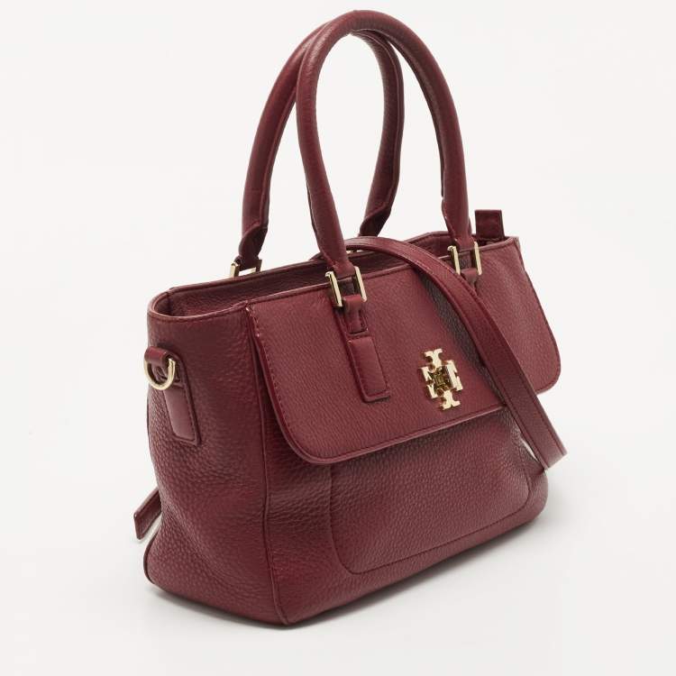 Pre Owned Tory Burch Burgundy Grained Leather Turnlock Flap Tote