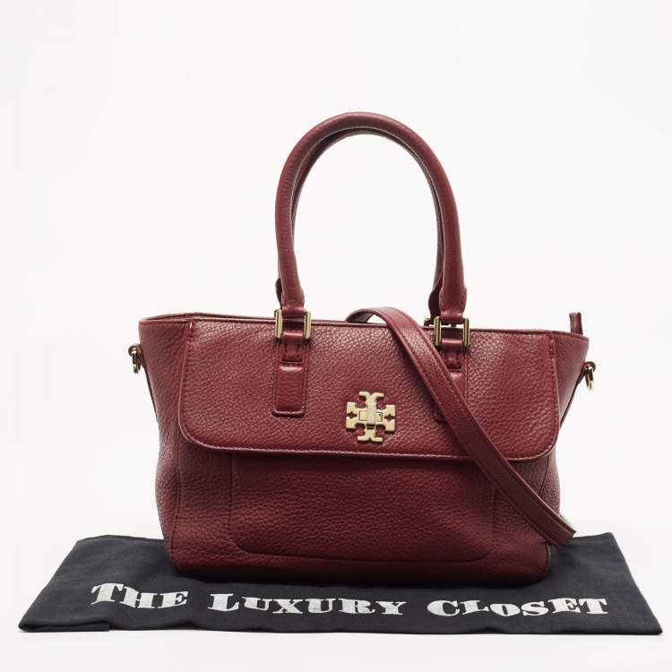 Pre Owned Tory Burch Burgundy Grained Leather Turnlock Flap Tote