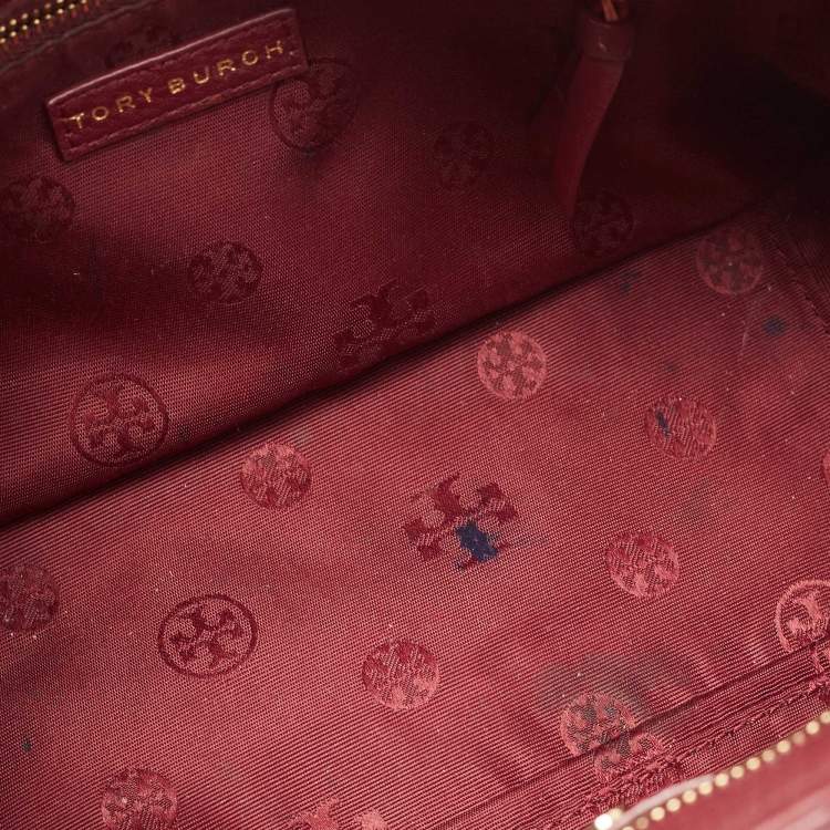Pre Owned Tory Burch Burgundy Grained Leather Turnlock Flap Tote