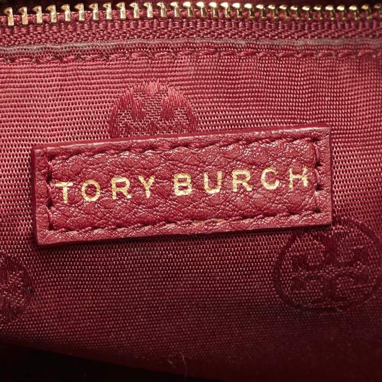 Pre Owned Tory Burch Burgundy Grained Leather Turnlock Flap Tote