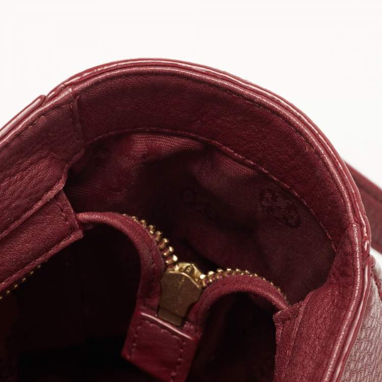 Pre Owned Tory Burch Burgundy Grained Leather Turnlock Flap Tote