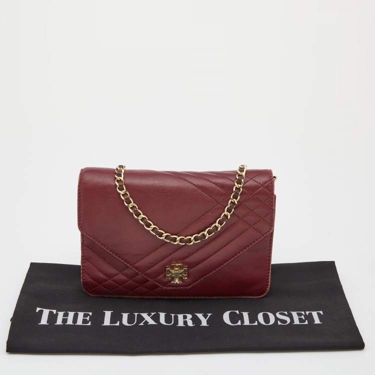 Pre Owned Tory Burch Burgundy Leather Kira  Envelope Flap Shoulder Bag