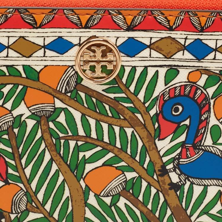 Pre Owned Tory Burch Multicolor Bird Printed Leather Robinson Zip Around Wallet