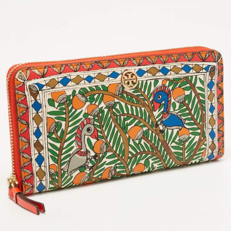 Pre Owned Tory Burch Multicolor Bird Printed Leather Robinson Zip Around Wallet