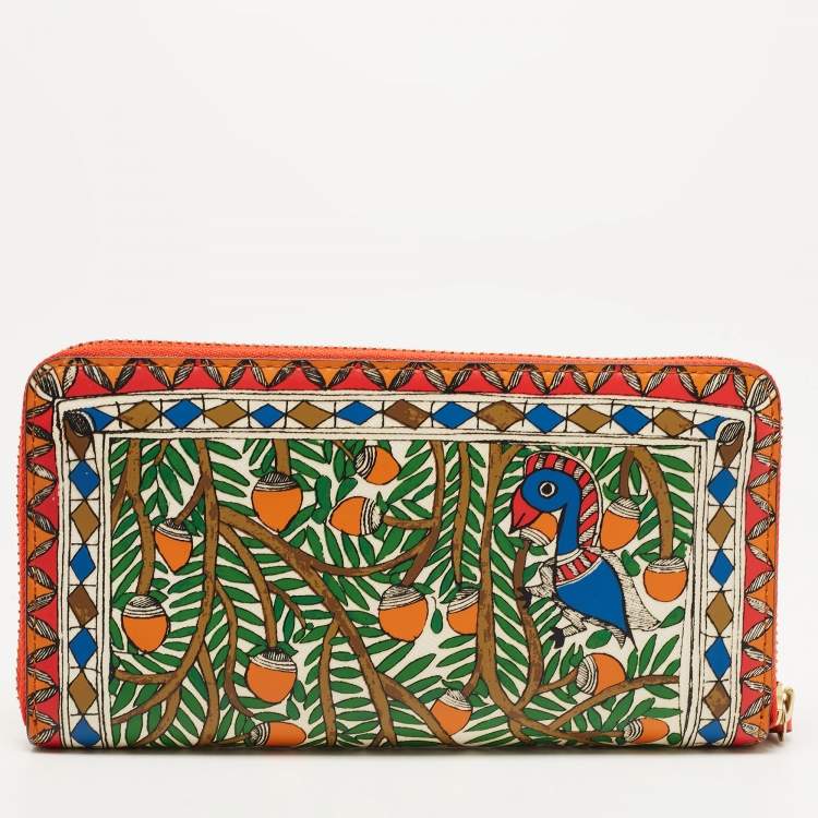 Pre Owned Tory Burch Multicolor Bird Printed Leather Robinson Zip Around Wallet