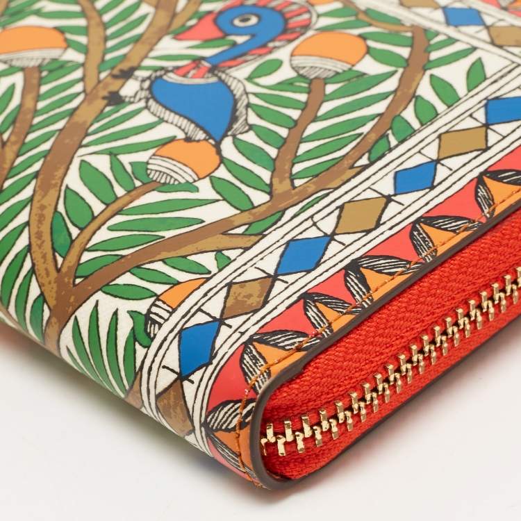 Pre Owned Tory Burch Multicolor Bird Printed Leather Robinson Zip Around Wallet