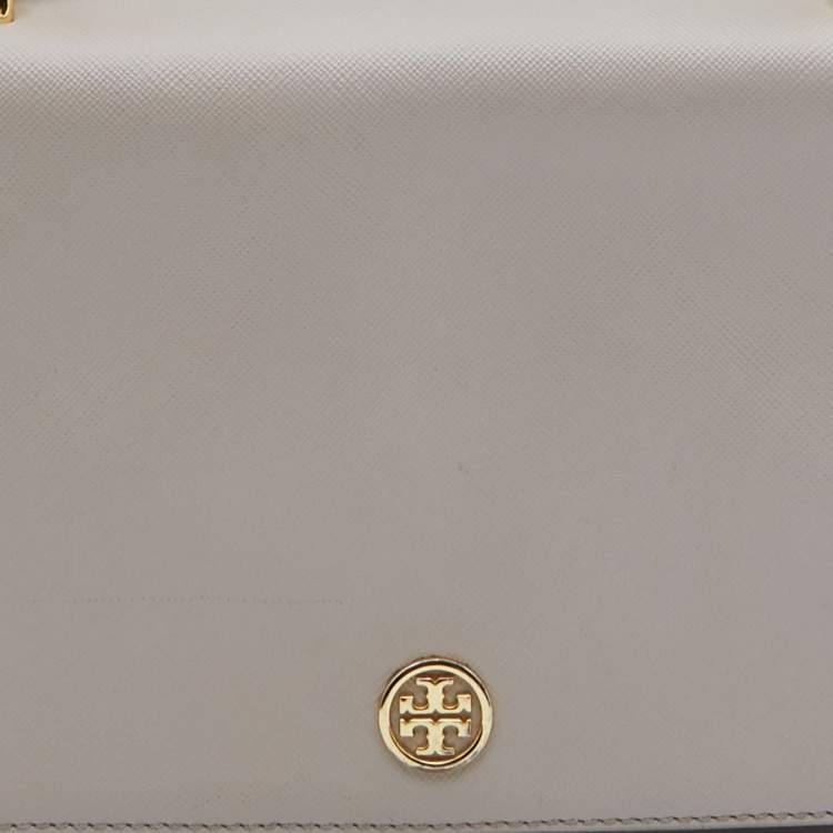 Pre Owned Tory Burch Taupe Leather Robinson Flap Shoulder Bag 