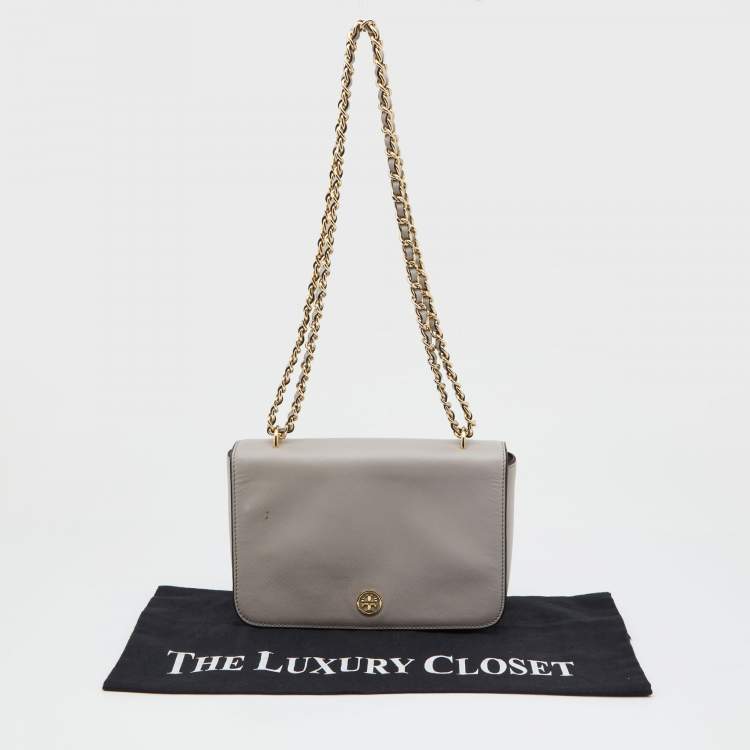 Pre Owned Tory Burch Taupe Leather Robinson Flap Shoulder Bag 