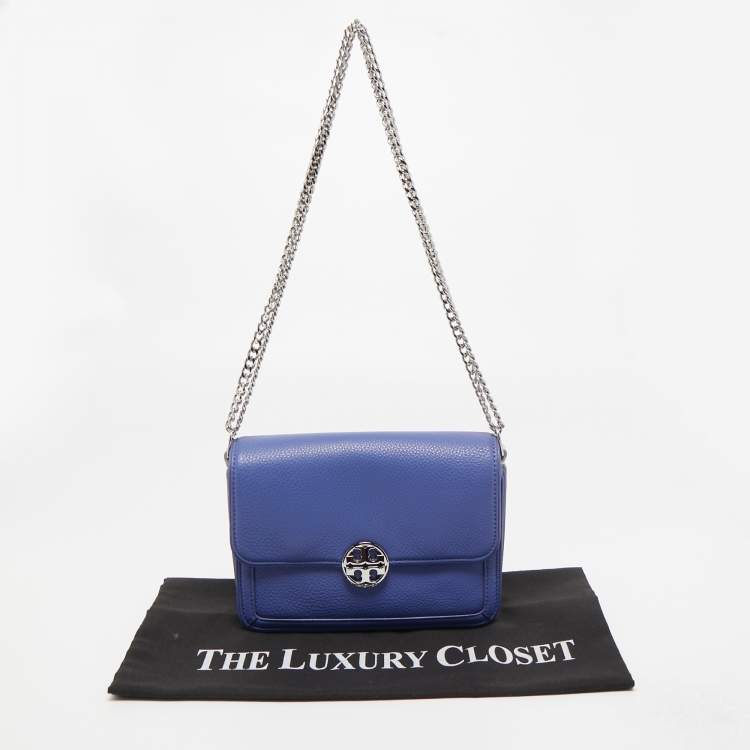 Pre Owned Tory Burch Blue/Silver Leather Chelsea Shoulder Bag 