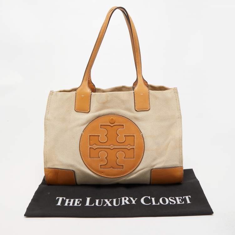 Pre Owned Tory Burch Beige/Off White Canvas and Leather Ella Tote