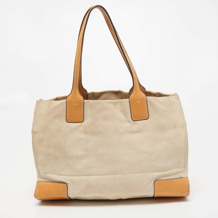 Pre Owned Tory Burch Beige/Off White Canvas and Leather Ella Tote