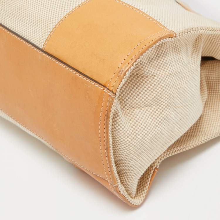 Pre Owned Tory Burch Beige/Off White Canvas and Leather Ella Tote