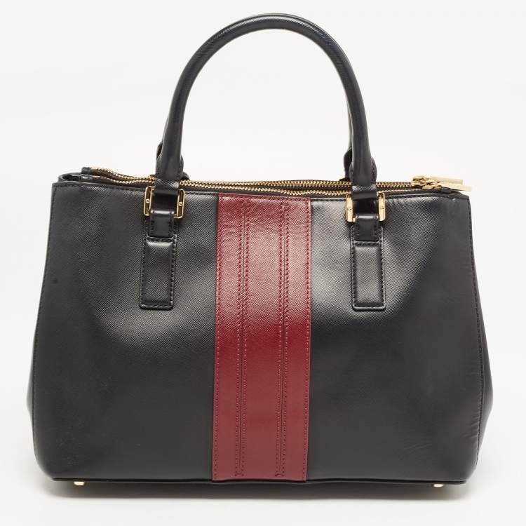 Pre Owned Tory Burch Black/Burgundy Saffiano Leather Robinson Double Zip Tote