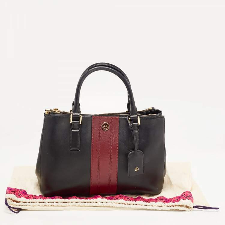 Pre Owned Tory Burch Black/Burgundy Saffiano Leather Robinson Double Zip Tote