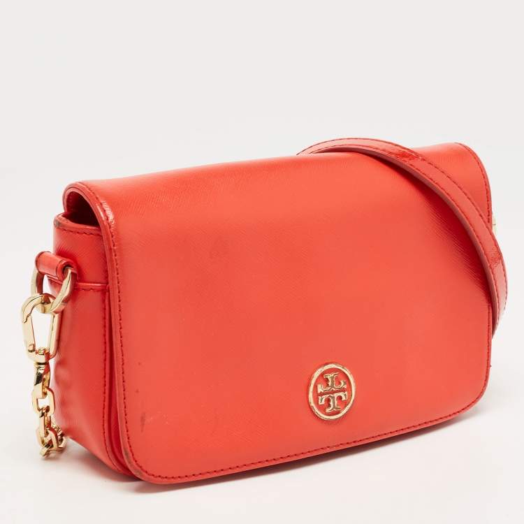 Pre Owned Tory Burch Orange Patent and Leather Mini Robinson Crossbody Bag