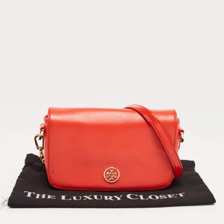 Pre Owned Tory Burch Orange Patent and Leather Mini Robinson Crossbody Bag