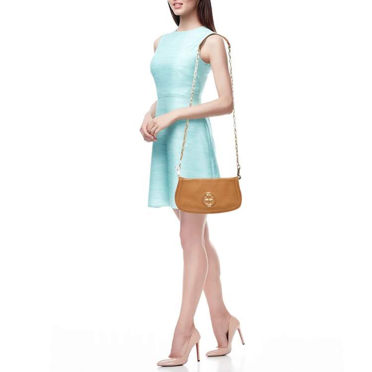 Pre Owned Tory Burch Tan Leather Amanda Logo Crossbody Bag