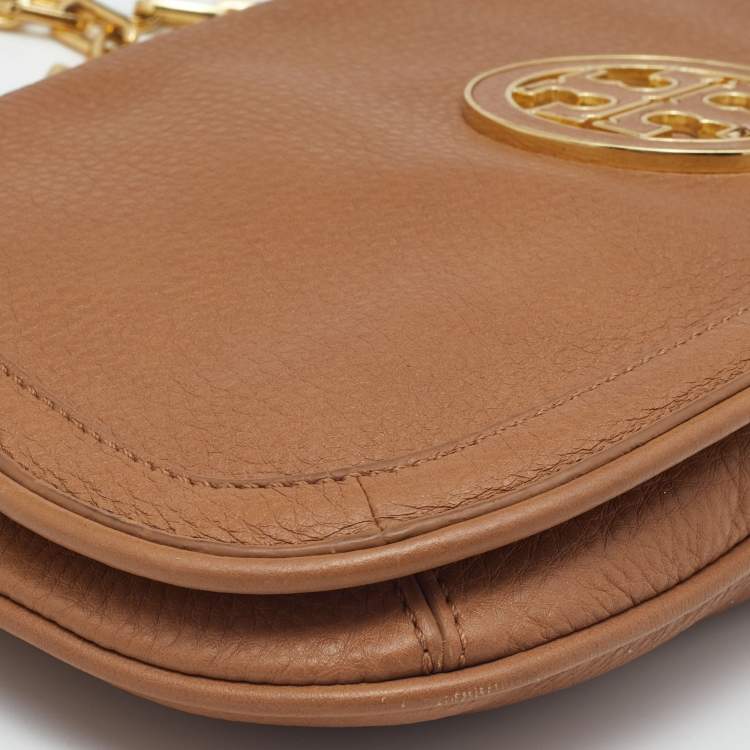 Pre Owned Tory Burch Tan Leather Amanda Logo Crossbody Bag