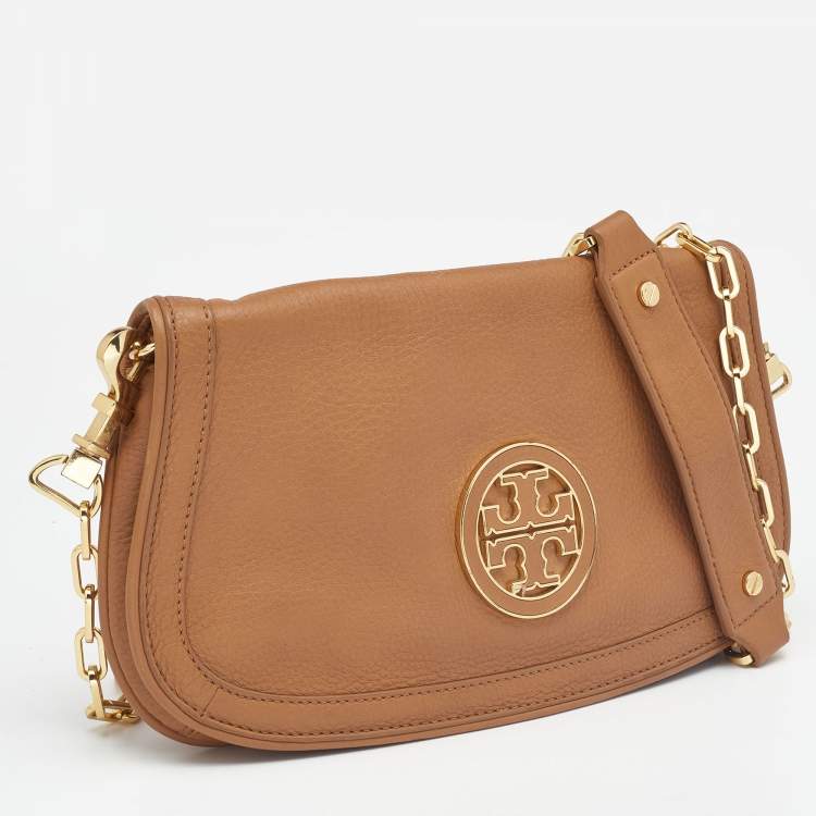 Pre Owned Tory Burch Tan Leather Amanda Logo Crossbody Bag