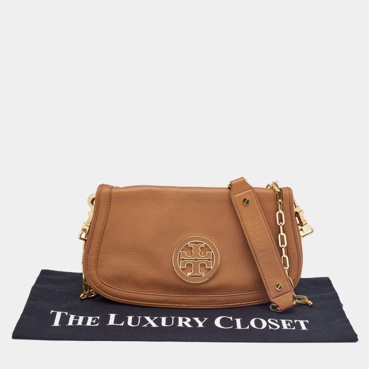 Pre Owned Tory Burch Tan Leather Amanda Logo Crossbody Bag