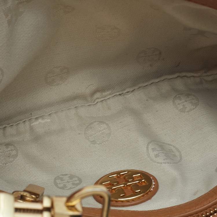 Pre Owned Tory Burch Tan Leather Amanda Logo Crossbody Bag