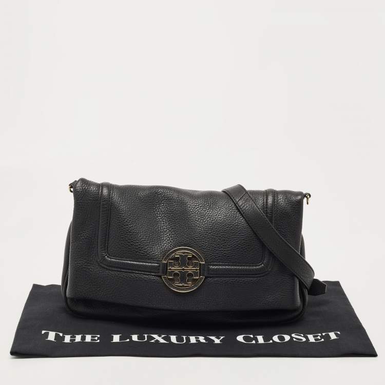 Pre Owned Tory Burch Black Leather Amanda Foldover Crossbody Bag