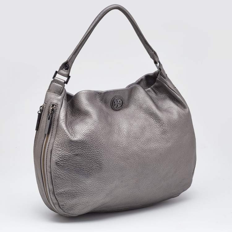 مملوكة مسبقًا Tory Burch Metallic Grey Soft Leather Double Expandable Zip Hobo