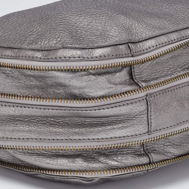 مملوكة مسبقًا Tory Burch Metallic Grey Soft Leather Double Expandable Zip Hobo