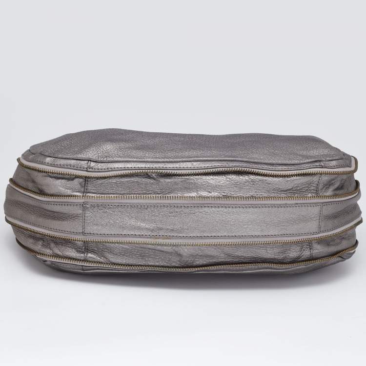 مملوكة مسبقًا Tory Burch Metallic Grey Soft Leather Double Expandable Zip Hobo