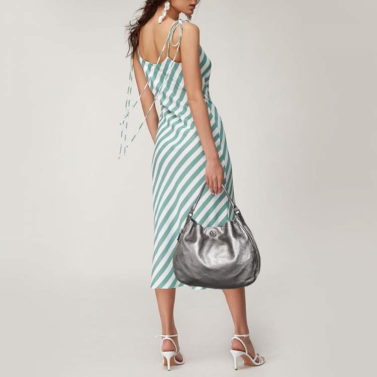 مملوكة مسبقًا Tory Burch Metallic Grey Soft Leather Double Expandable Zip Hobo