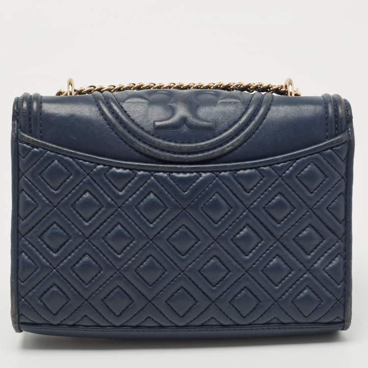 Pre Owned Tory Burch Navy Blue Leather Small Fleming Shoulder Bag