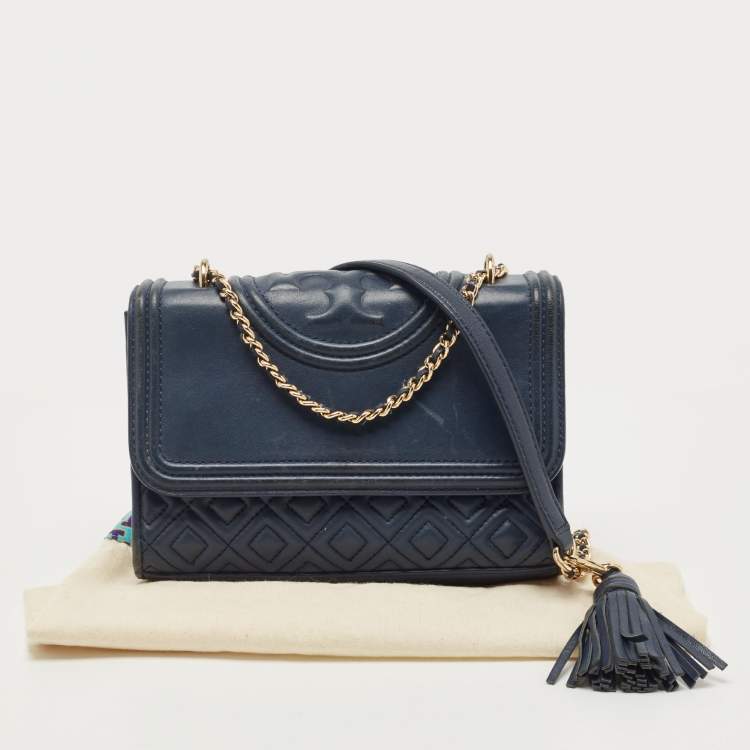 Pre Owned Tory Burch Navy Blue Leather Small Fleming Shoulder Bag