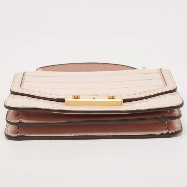 Pre Owned Tory Burch Pink Croc Embossed Leather Mini Juliette Top Handle Bag