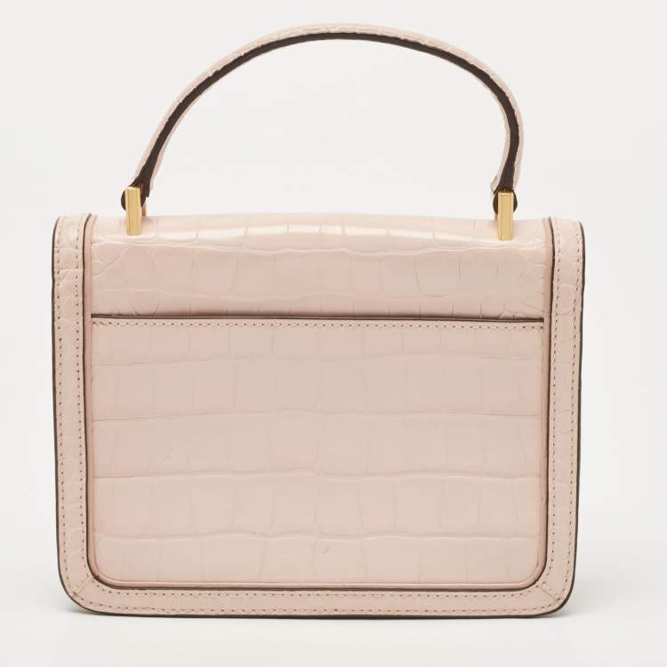 Pre Owned Tory Burch Pink Croc Embossed Leather Mini Juliette Top Handle Bag