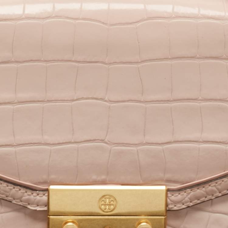 Pre Owned Tory Burch Pink Croc Embossed Leather Mini Juliette Top Handle Bag