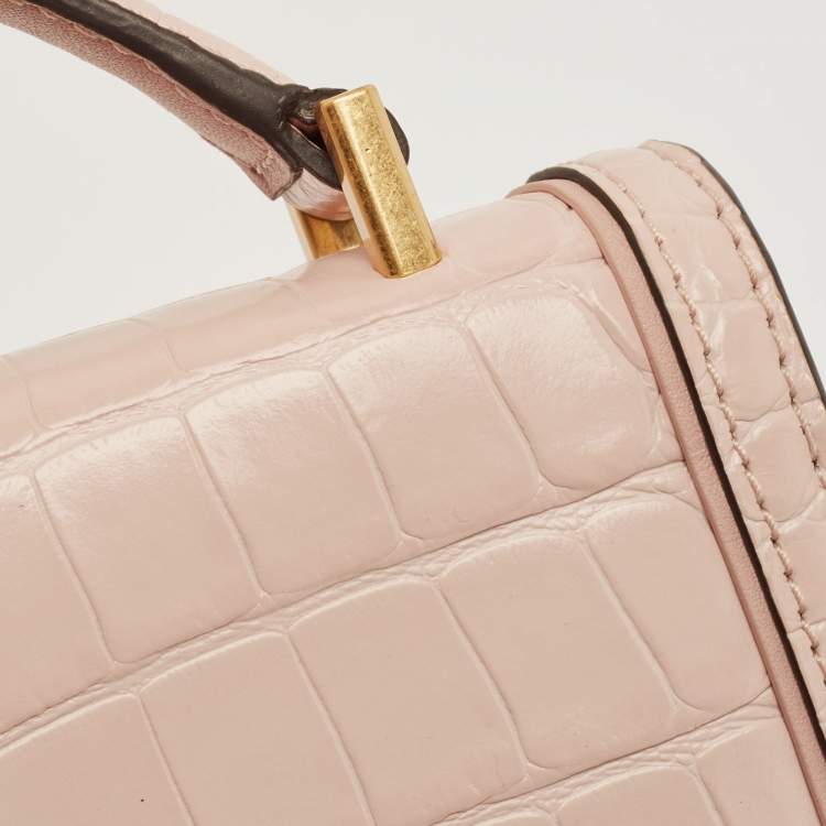 Pre Owned Tory Burch Pink Croc Embossed Leather Mini Juliette Top Handle Bag