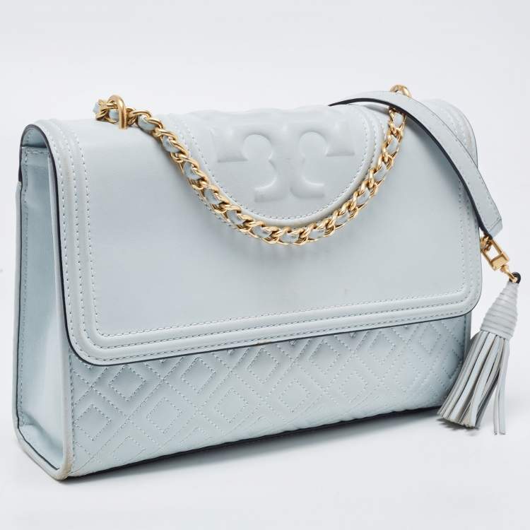 Pre Owned Tory Burch Pale Blue Leather Fleming Shoulder Bag