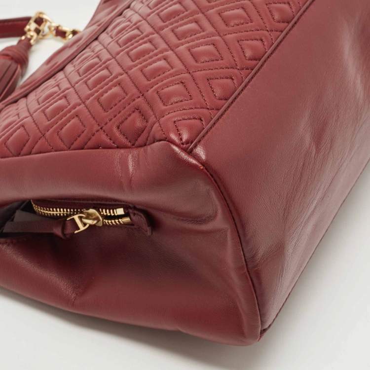 Pre Owned Tory Burch Dark Red Quilted Leather Fleming Chain Tote