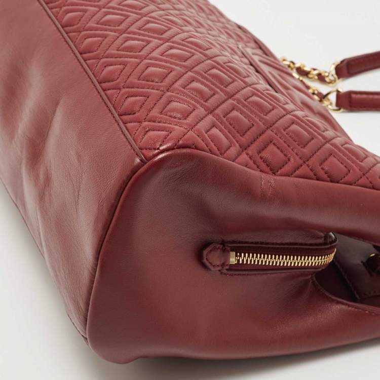 Pre Owned Tory Burch Dark Red Quilted Leather Fleming Chain Tote