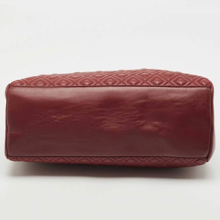 Pre Owned Tory Burch Dark Red Quilted Leather Fleming Chain Tote