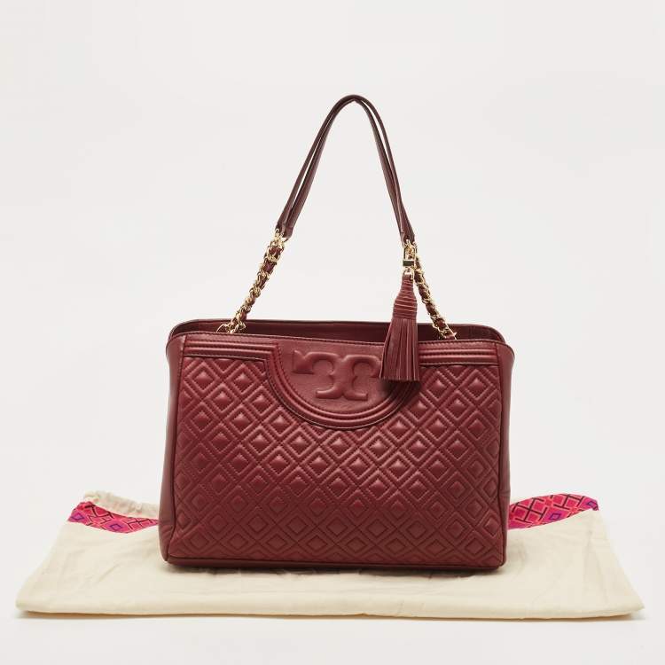Pre Owned Tory Burch Dark Red Quilted Leather Fleming Chain Tote