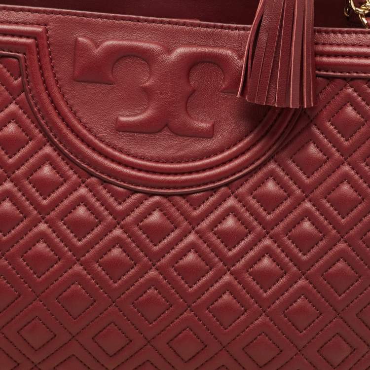 Pre Owned Tory Burch Dark Red Quilted Leather Fleming Chain Tote