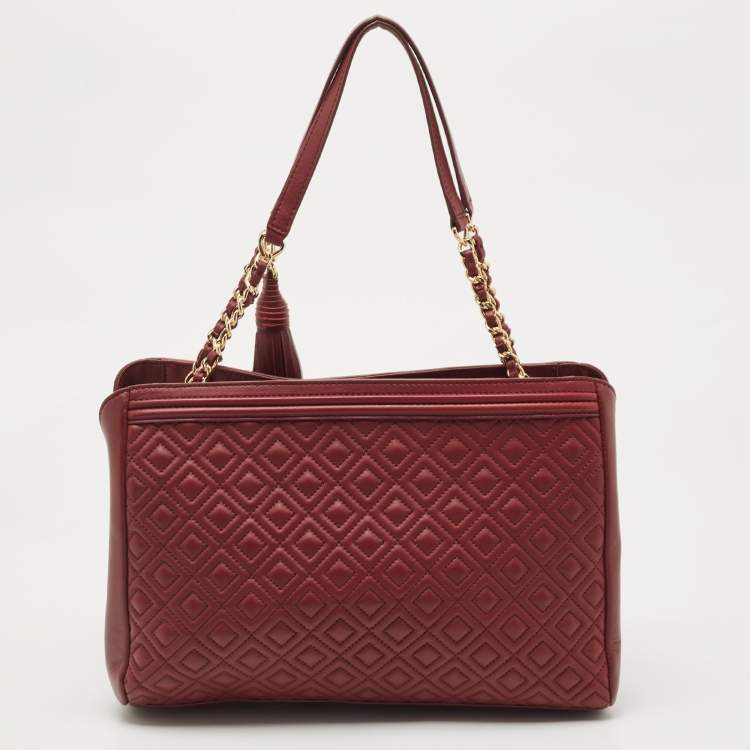 Pre Owned Tory Burch Dark Red Quilted Leather Fleming Chain Tote