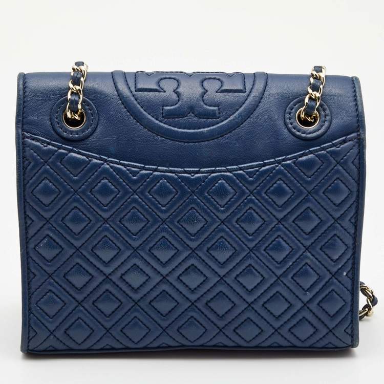 Pre Owned Tory Burch Blue Leather Medium Fleming Shoulder Bag