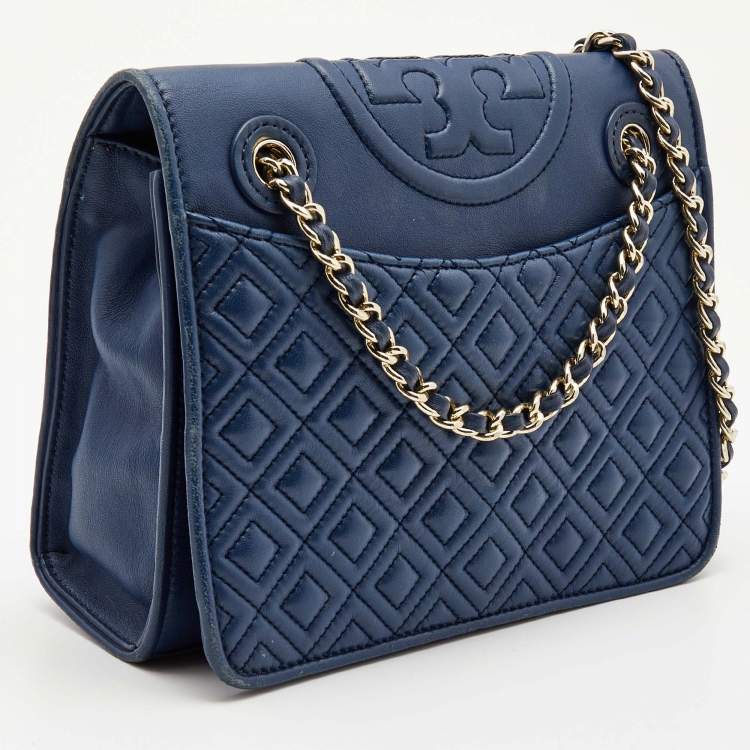 Pre Owned Tory Burch Blue Leather Medium Fleming Shoulder Bag