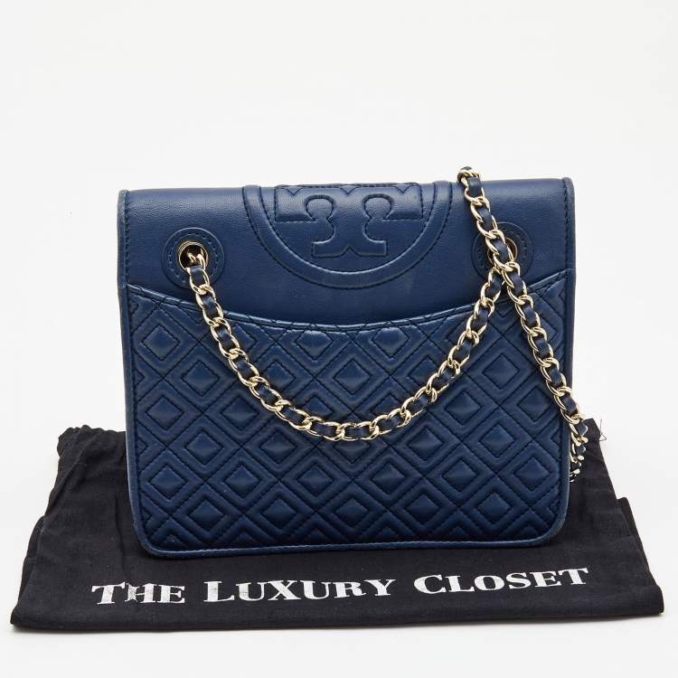 Pre Owned Tory Burch Blue Leather Medium Fleming Shoulder Bag