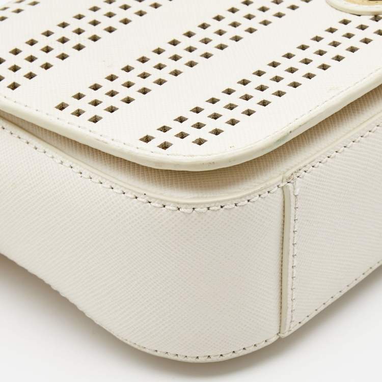 Pre Owned Tory Burch Off White Perforated Leather Robinson Flap Crossbody Bag