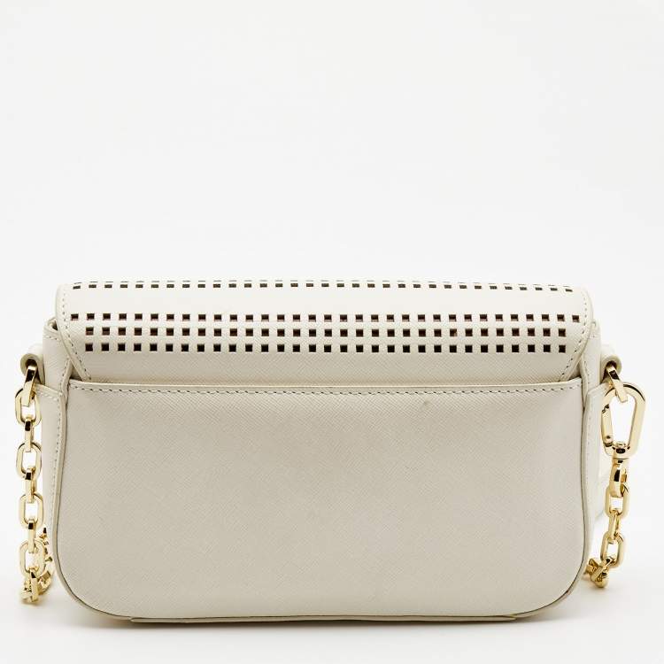 Pre Owned Tory Burch Off White Perforated Leather Robinson Flap Crossbody Bag