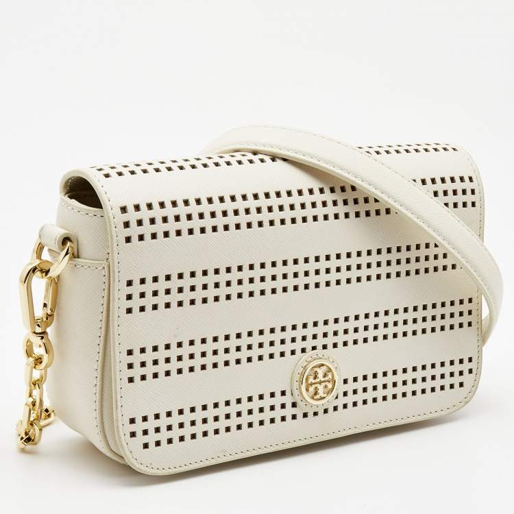 Pre Owned Tory Burch Off White Perforated Leather Robinson Flap Crossbody Bag