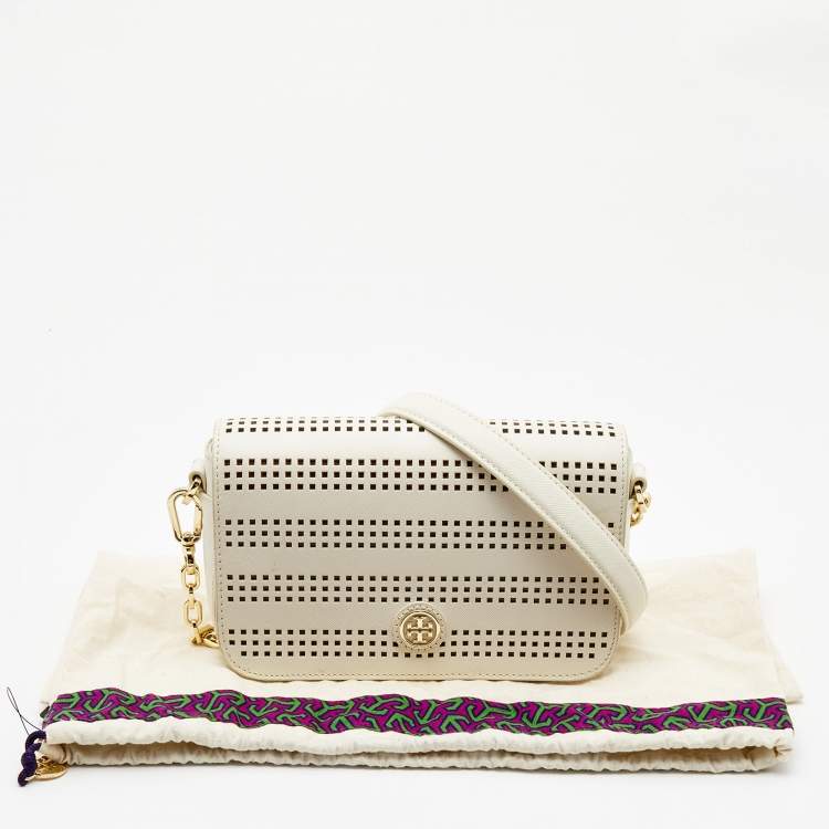 Pre Owned Tory Burch Off White Perforated Leather Robinson Flap Crossbody Bag